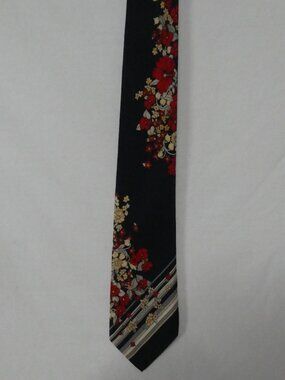 Vintage LEONARD PARIS Made In Italy Silk Floral Tie Red Ivory Geometric Stripes
